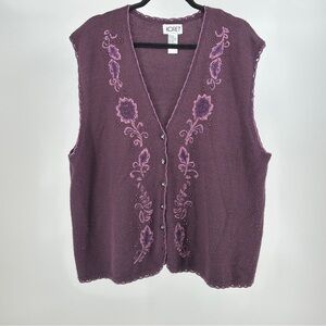 Women’s 2X Koret Plum Purple‎ Floral Embroidered Button-Up Vest Beaded